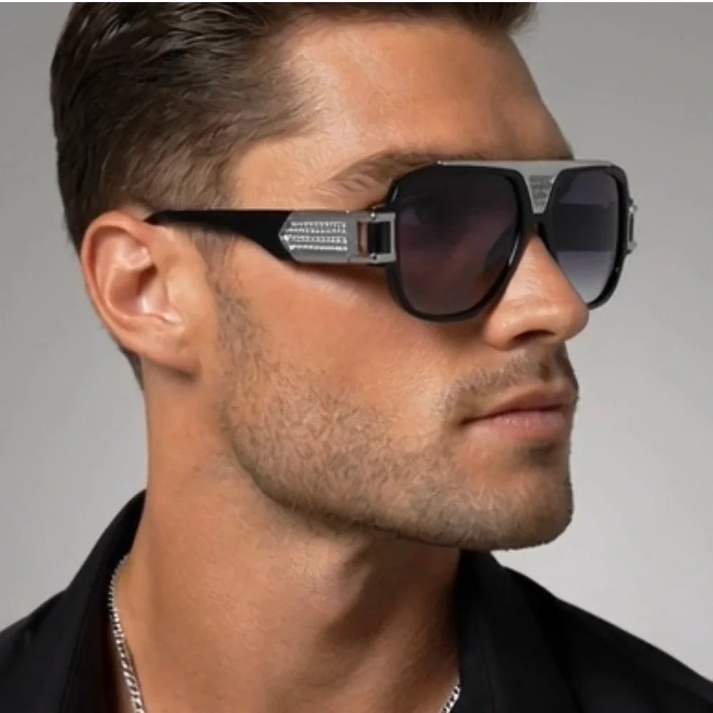 Mens Black Oversized Rectangular Sunglasses Silver Black Gradient Lens Flat Top